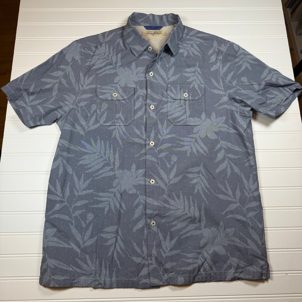 Tommy Bahama Mens Blue Tropical Leaf‎ Cotton Silk Island Modern Fit Shirt Medium